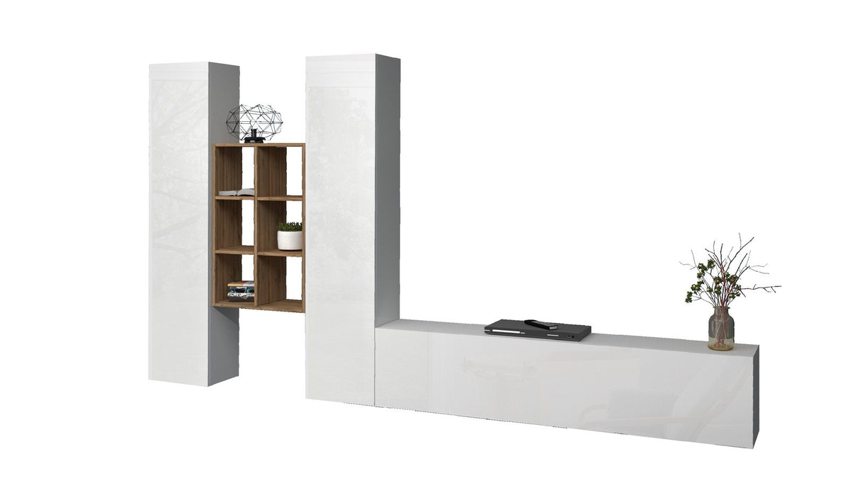 Parete ECHO 21 bianco lucido su fondo bianco, colonne alte e madia bassa a ribalta #colore_Bianco Lucido
