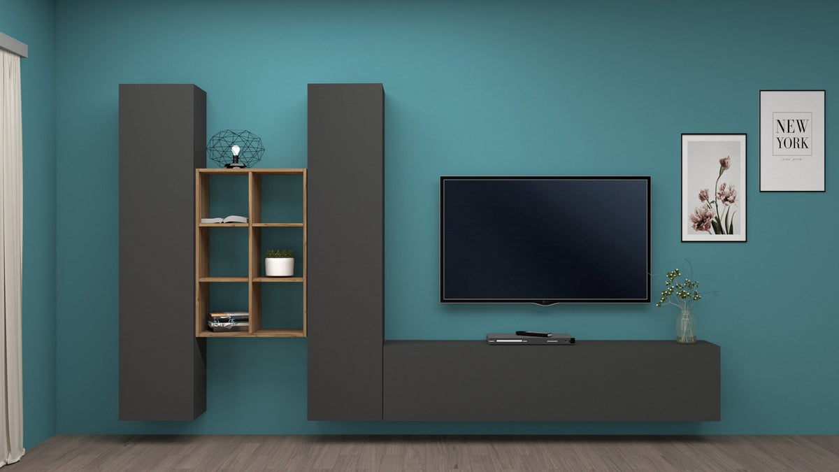 Parete ECHO 21 antracite opaco frontale con quattro vani a giorno rovere su parete teal #colore_Antracite Opaco