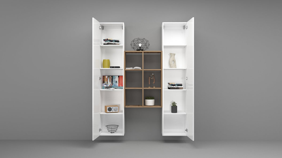 Parete attrezzata componibile ECHO 22 bianco lucido montata a parete, vista frontale su sfondo grigio #colore_Bianco Lucido