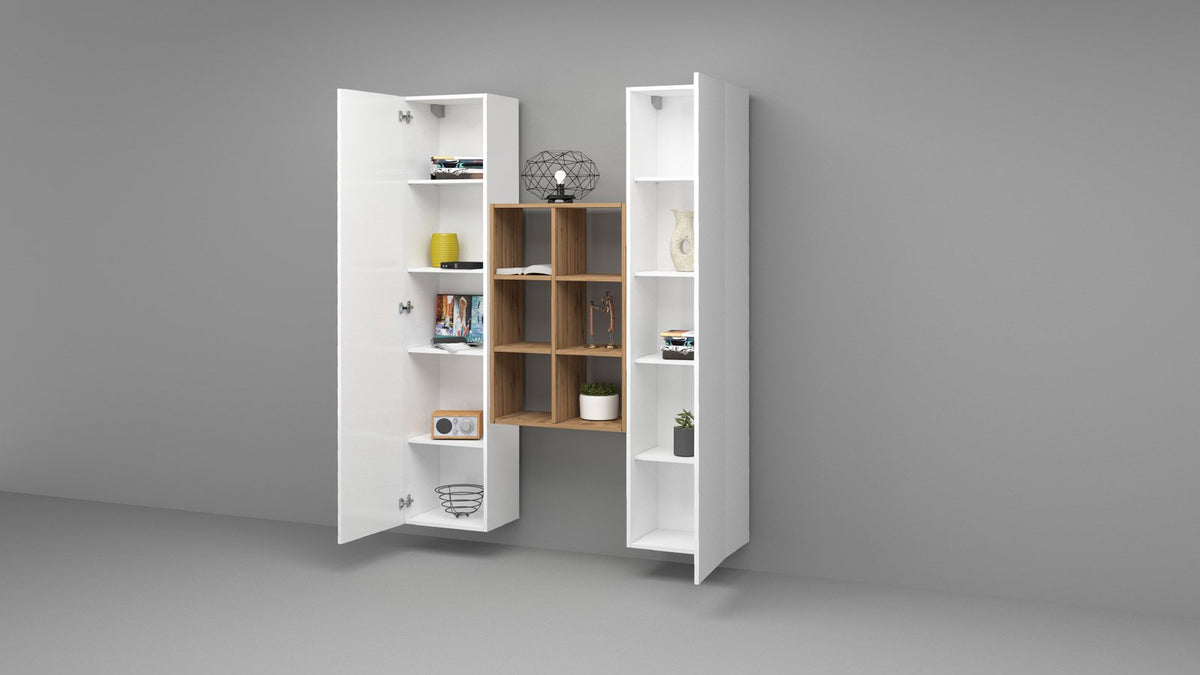 Parete attrezzata componibile ECHO 22 bianco lucido con anta aperta che mostra i ripiani interni #colore_Bianco Lucido