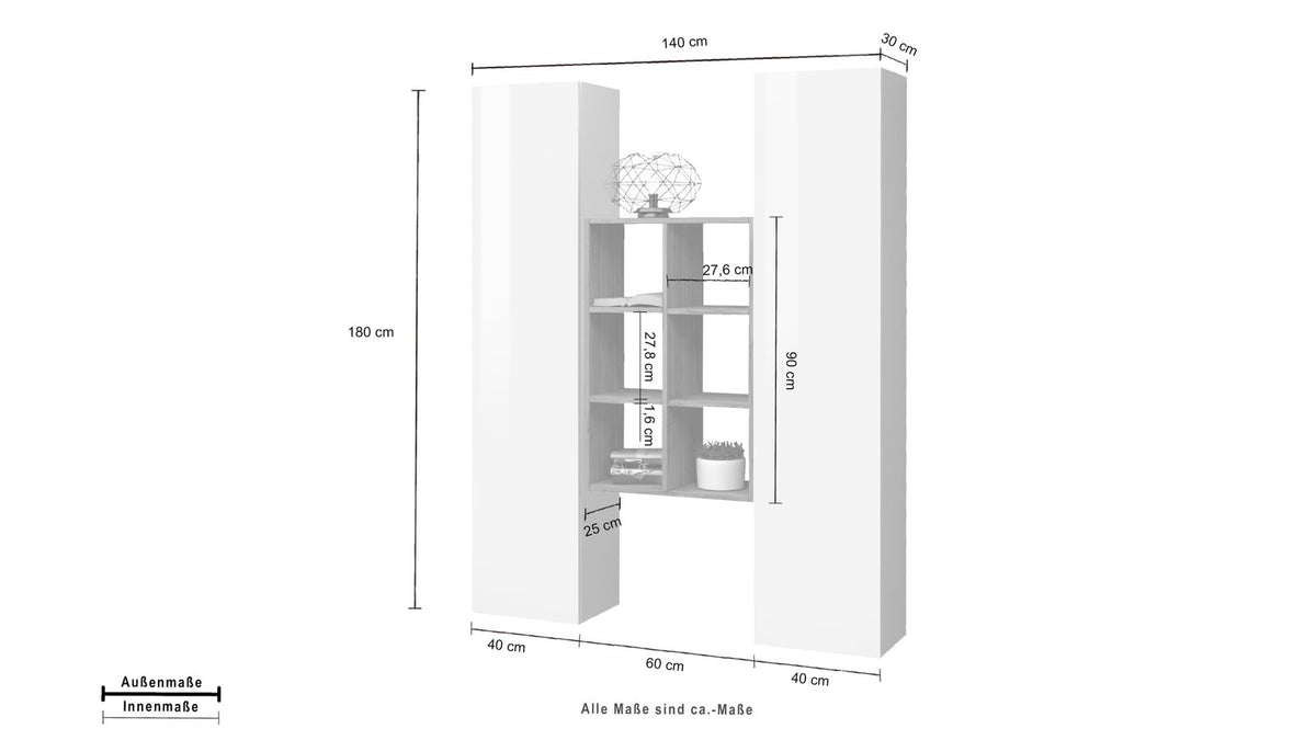 Parete attrezzata componibile ECHO 22 bianco lucido, misure quotate: 140 cm larghezza, 180 cm altezza #colore_Bianco Lucido