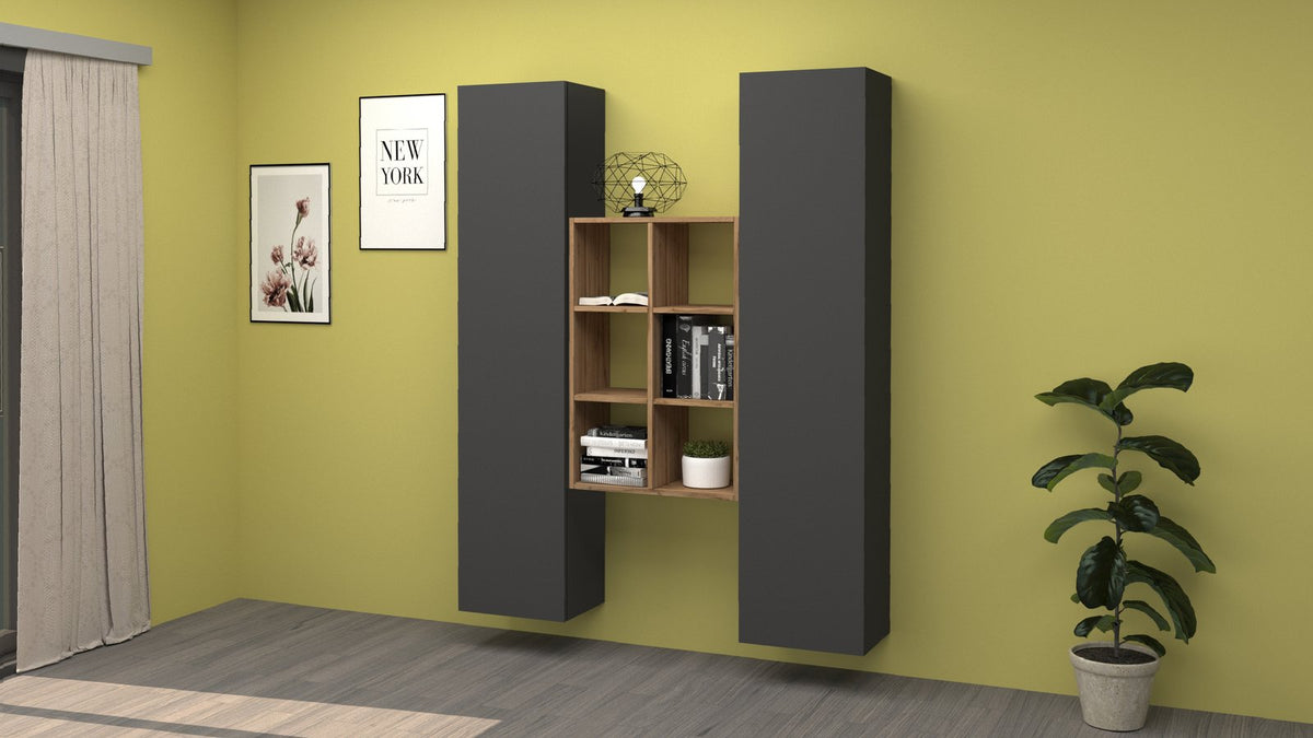 Parete attrezzata componibile ECHO 22 antracite opaco in soggiorno con libreria centrale color rovere #colore_Antracite Opaco