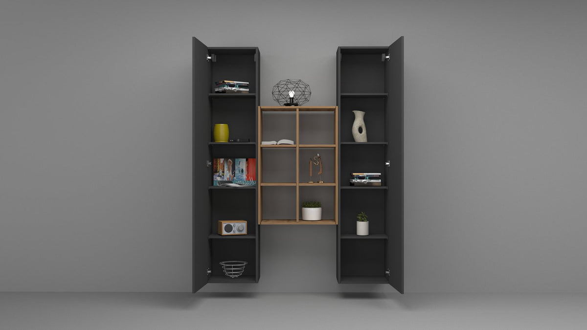 Parete attrezzata componibile ECHO 22 antracite opaco con modulo centrale in legno miele a sei scomparti #colore_Antracite Opaco