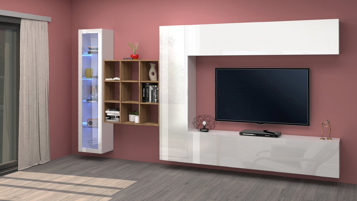 Parete attrezzata ECHO bianco lucido in soggiorno con vetrina, libreria a cubotti e base TV #colore_Bianco Lucido