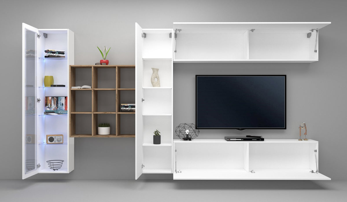 Render frontale della parete attrezzata ECHO bianco lucido con ante aperte e televisore al centro #colore_Bianco Lucido