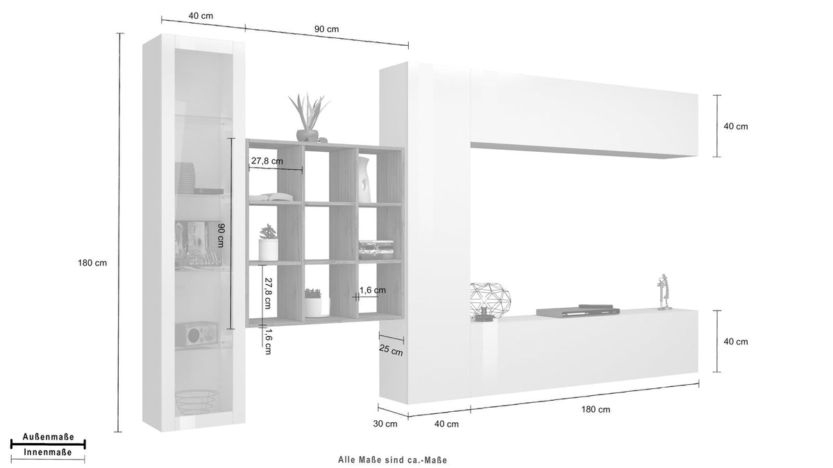 Parete attrezzata ECHO bianco lucido con misure quotate: 180 cm in altezza, 90 cm in larghezza #colore_Bianco Lucido