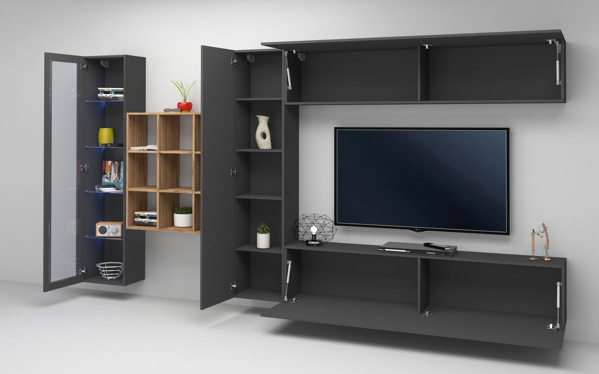 Render della parete attrezzata ECHO antracite opaco con vetrina illuminata e televisore centrale #colore_Antracite Opaco