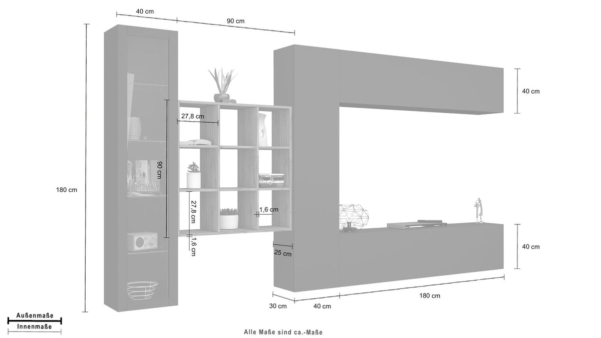 Disegno tecnico con quote della parete attrezzata ECHO antracite opaco, vista prospettica #colore_Antracite Opaco