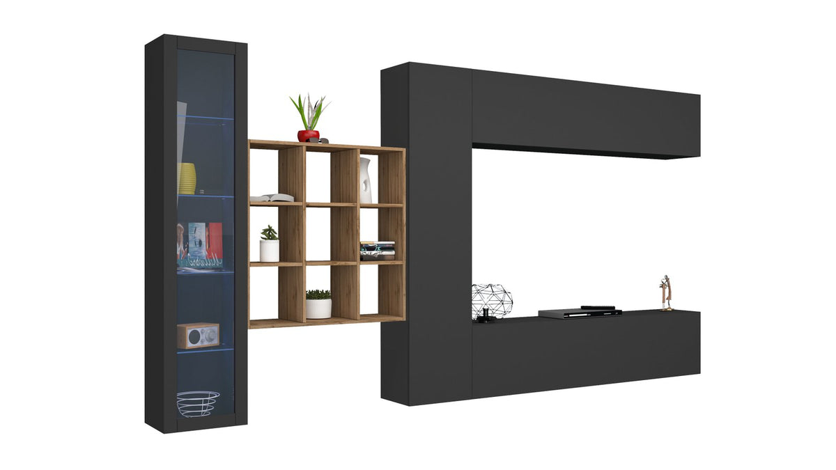 Parete attrezzata ECHO antracite opaco su sfondo bianco con vetrina a luce blu e libreria rovere #colore_Antracite Opaco