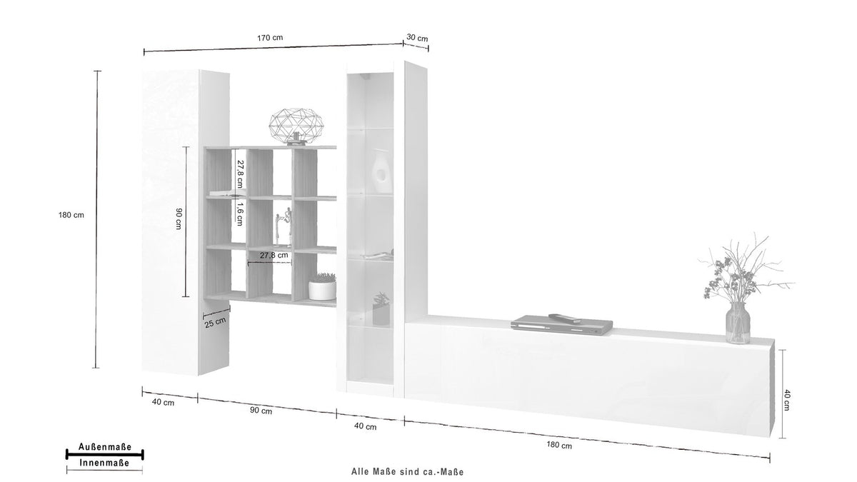 Schema quotato della parete attrezzata ECHO bianco lucido con misure in centimetri #colore_Bianco Lucido