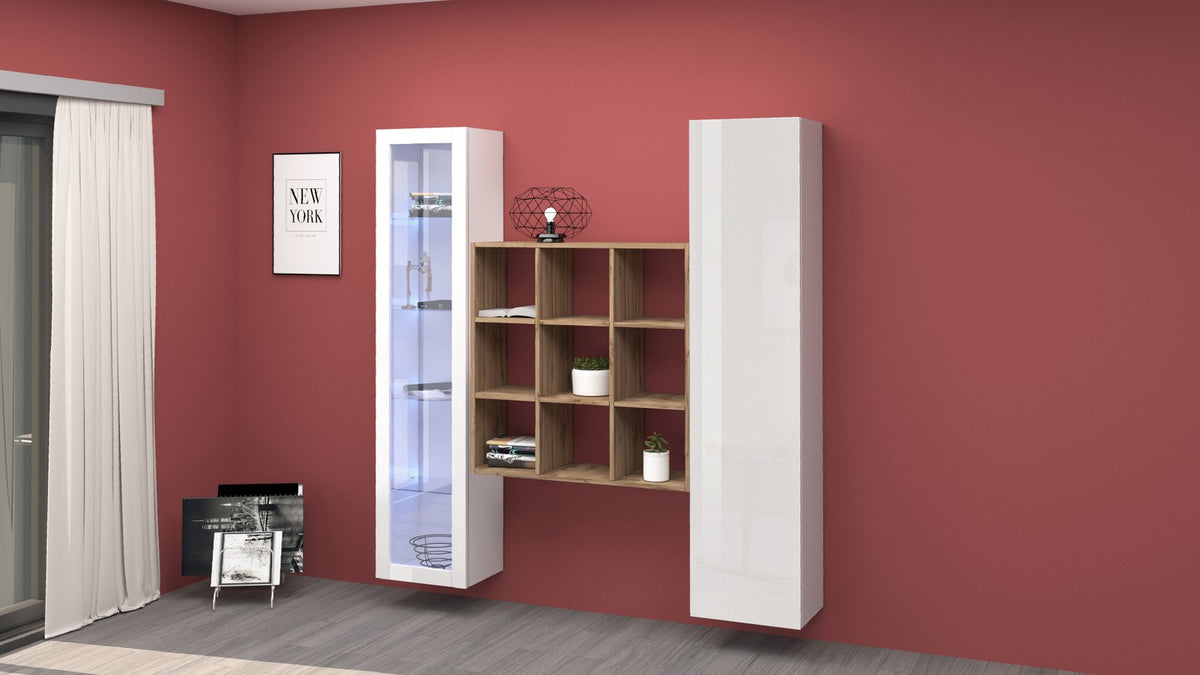 Parete attrezzata ECHO bianco lucido con libreria centrale in legno chiaro, ambientata in soggiorno #colore_Bianco Lucido