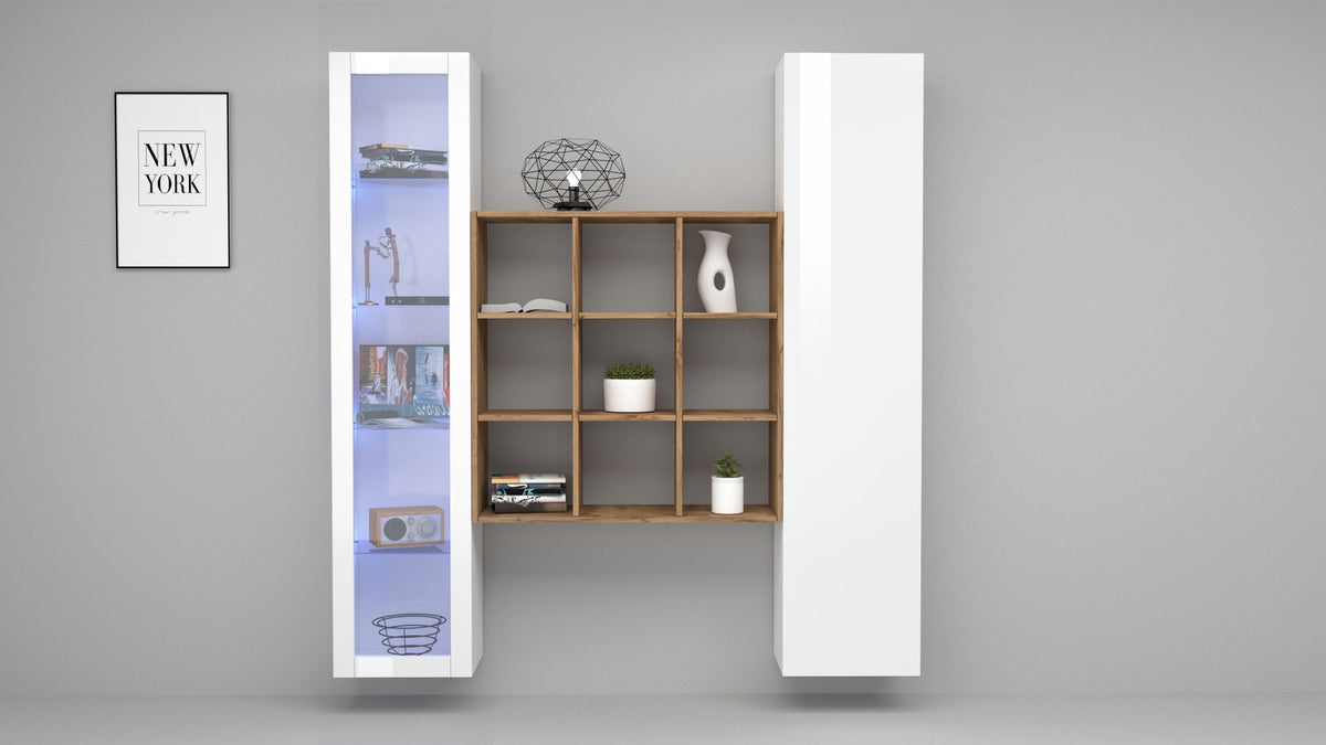 Parete attrezzata ECHO bianco lucido vista frontale con vetrina illuminata e libreria a nove vani #colore_Bianco Lucido