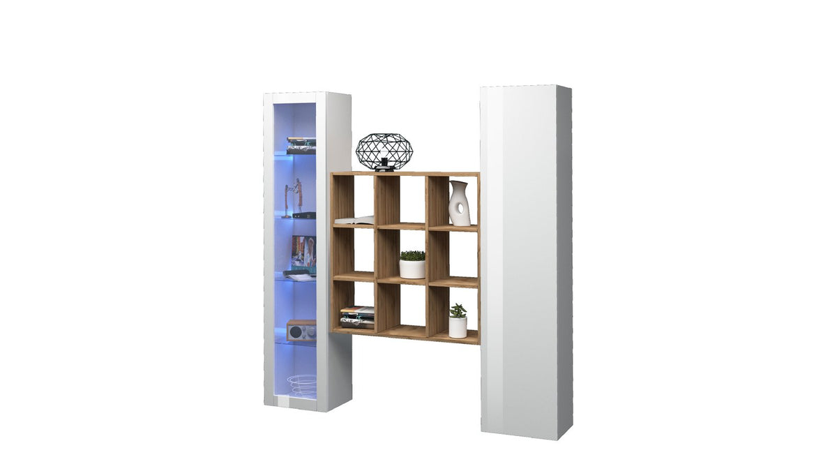 Parete attrezzata ECHO bianco lucido su fondo bianco con vani illuminati a LED blu #colore_Bianco Lucido