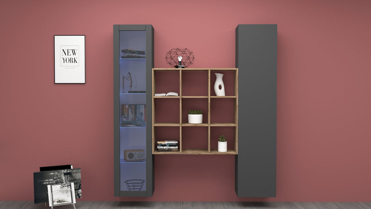 Parete attrezzata ECHO antracite opaco frontale in soggiorno con libreria centrale a nove vani #colore_Antracite Opaco