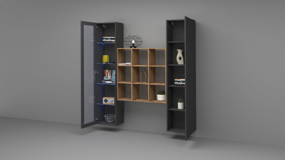 Parete attrezzata ECHO antracite opaco su sfondo grigio con vetrinetta aperta e libreria in legno chiaro #colore_Antracite Opaco