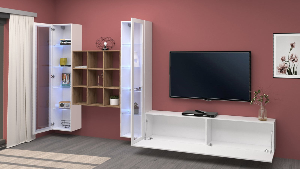 Parete attrezzata ECHO 27 bianco lucido con ante aperte in soggiorno su parete bordeaux #colore_Bianco Lucido