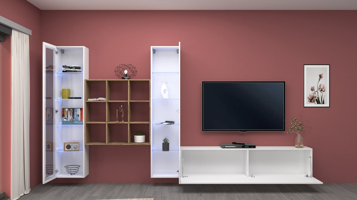 Parete attrezzata ECHO 27 bianco lucido frontale con libreria centrale a nove vani e TV #colore_Bianco Lucido