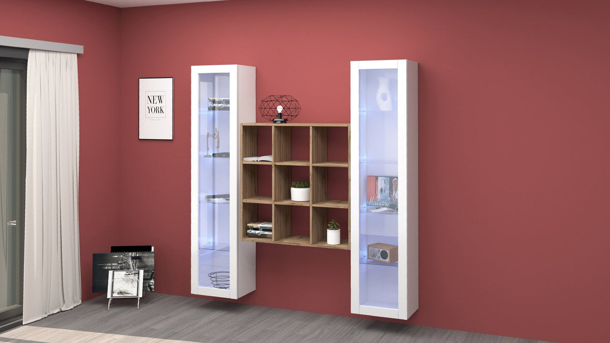 Parete attrezzata ECHO bianco lucido con libreria centrale in legno chiaro, vista di tre quarti #colore_Bianco Lucido