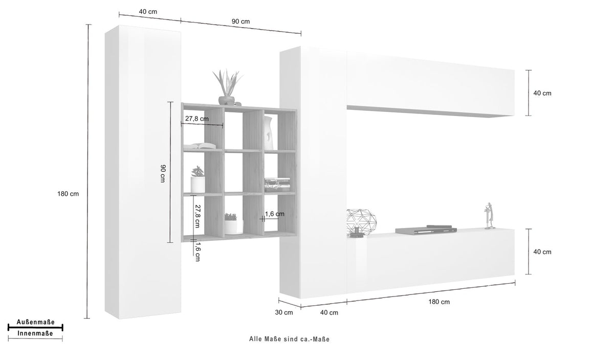 Schema quotato della parete ECHO 29 bianco lucido: 180 cm di altezza, moduli da 40 cm #colore_Bianco Lucido