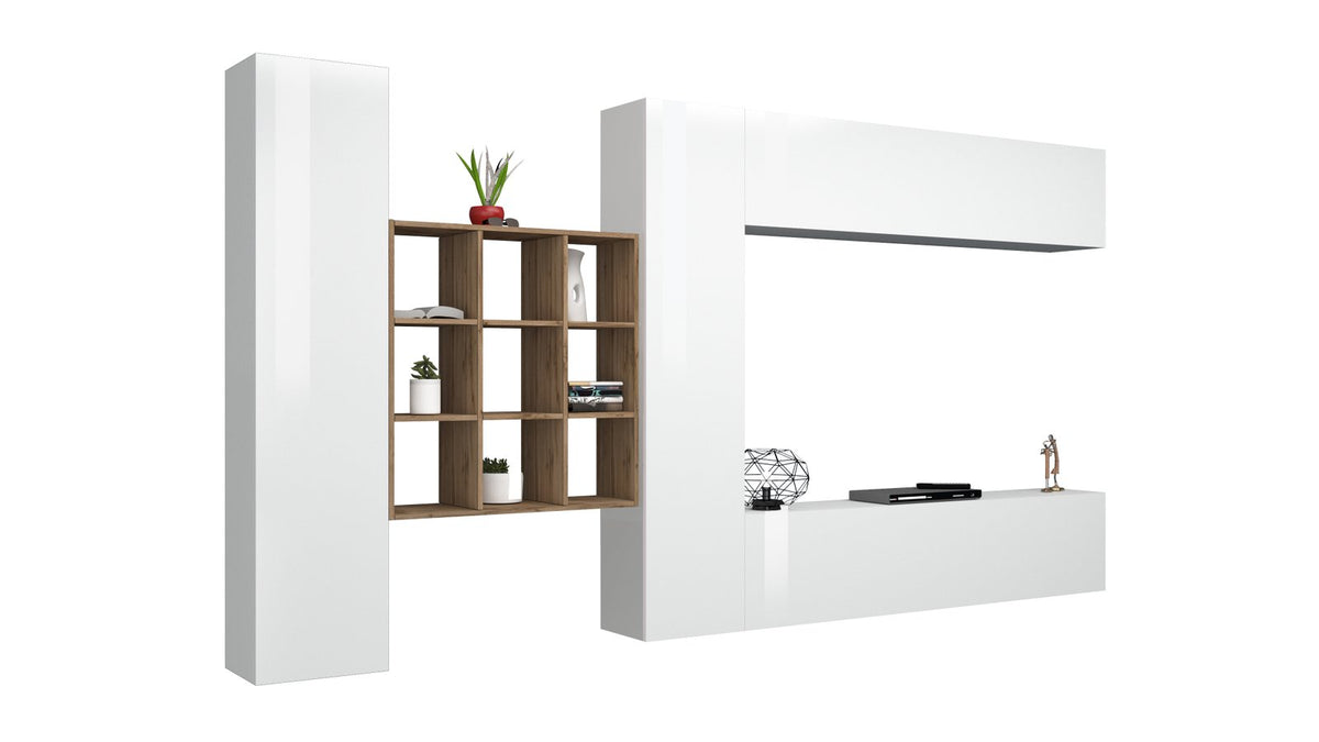 Parete attrezzata ECHO 29 bianco lucido su sfondo neutro, vista laterale con cubotti rovere #colore_Bianco Lucido