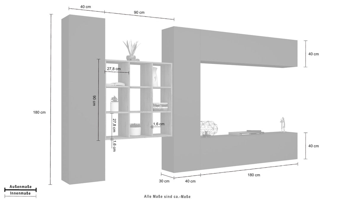 Misure della parete ECHO 29 antracite opaco: colonna di 180 cm e libreria di 90 cm #colore_Antracite Opaco