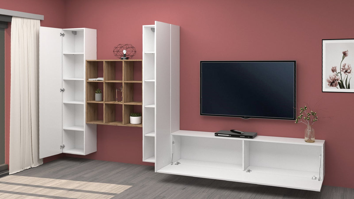 Parete attrezzata ECHO 30 bianco lucido in soggiorno con ribalta aperta sotto la TV a parete #colore_Bianco Lucido