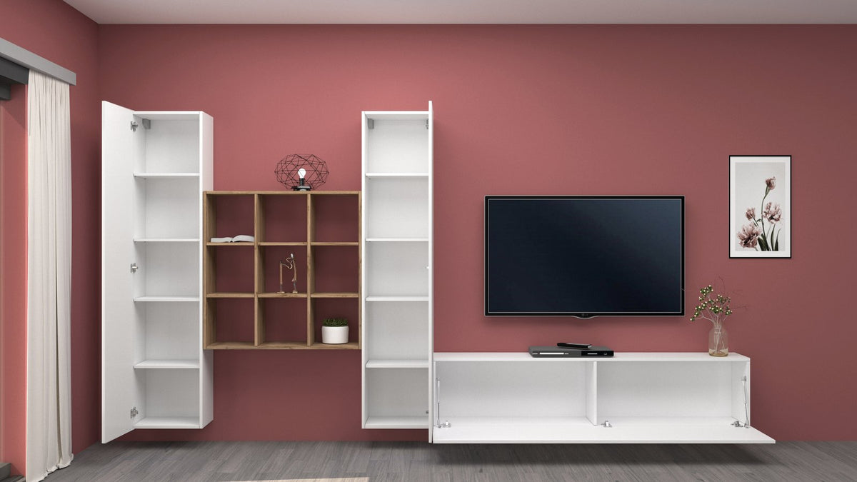 Parete attrezzata ECHO 30 bianco lucido frontale in soggiorno con colonne alte e libreria a giorno #colore_Bianco Lucido