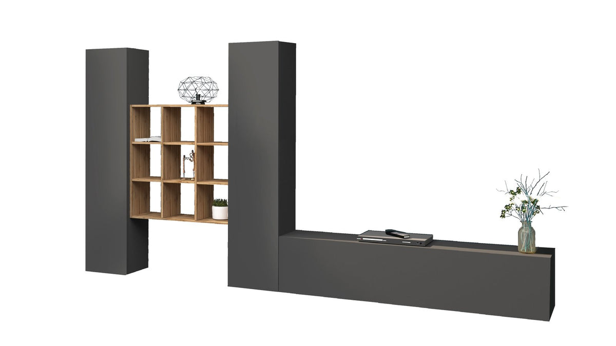 Parete attrezzata ECHO 30 antracite opaco su sfondo bianco con libreria centrale in legno chiaro #colore_Antracite Opaco