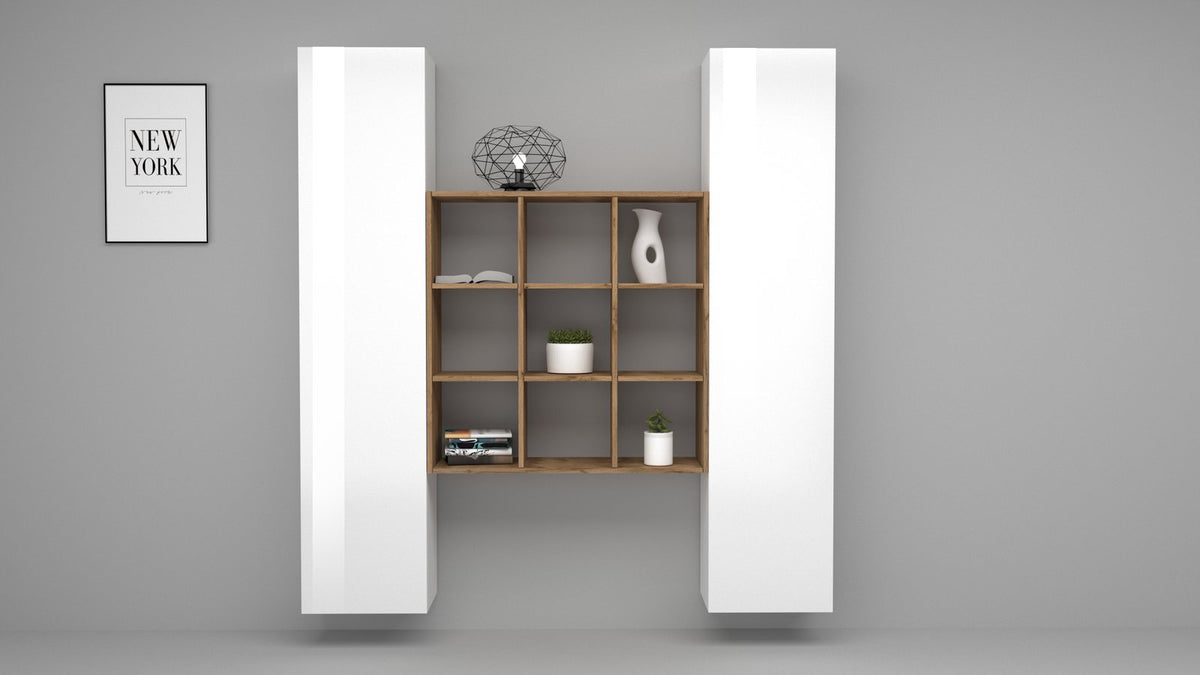 Parete attrezzata ECHO bianco lucido con 9 vani a giorno in legno chiaro, vista frontale #colore_Bianco Lucido