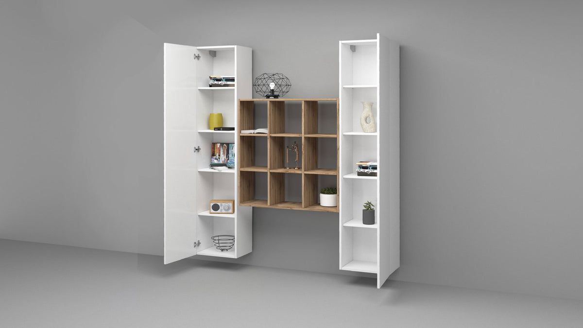 Rendering della parete attrezzata ECHO bianco lucido con anta laterale aperta e cerniere visibili #colore_Bianco Lucido