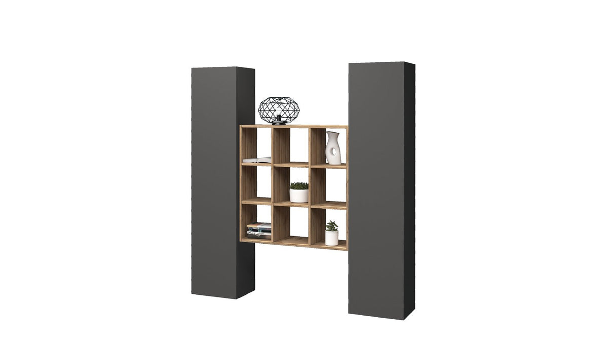Parete attrezzata ECHO antracite opaco su sfondo bianco con libreria centrale a 12 vani #colore_Antracite Opaco