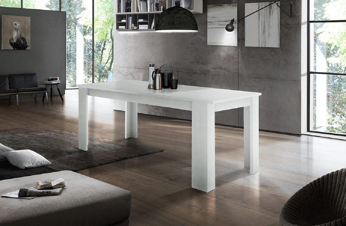 Tavolo da pranzo LYRA bianco larice chiuso in soggiorno con libreria e lampada #colore_Bianco Larice