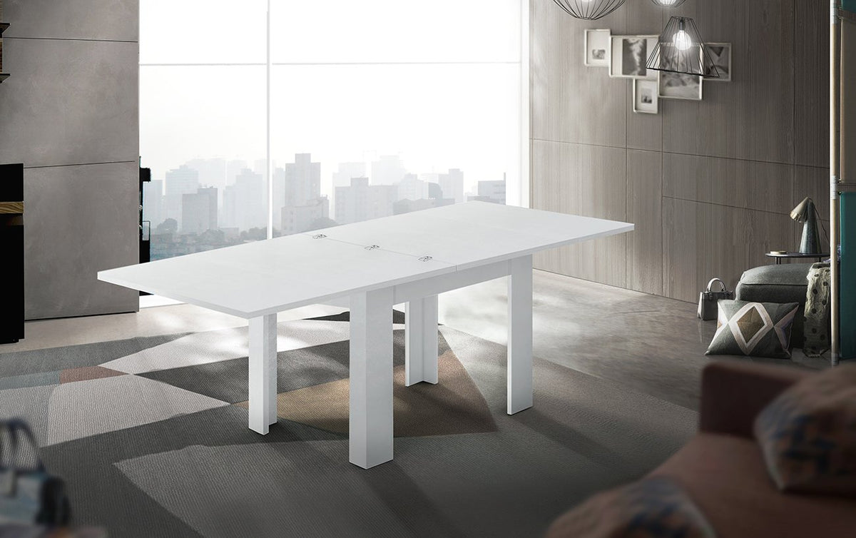 Tavolo LYRA bianco lucido allungato con linea di giunzione centrale e pomelli metallici #colore_Bianco Lucido