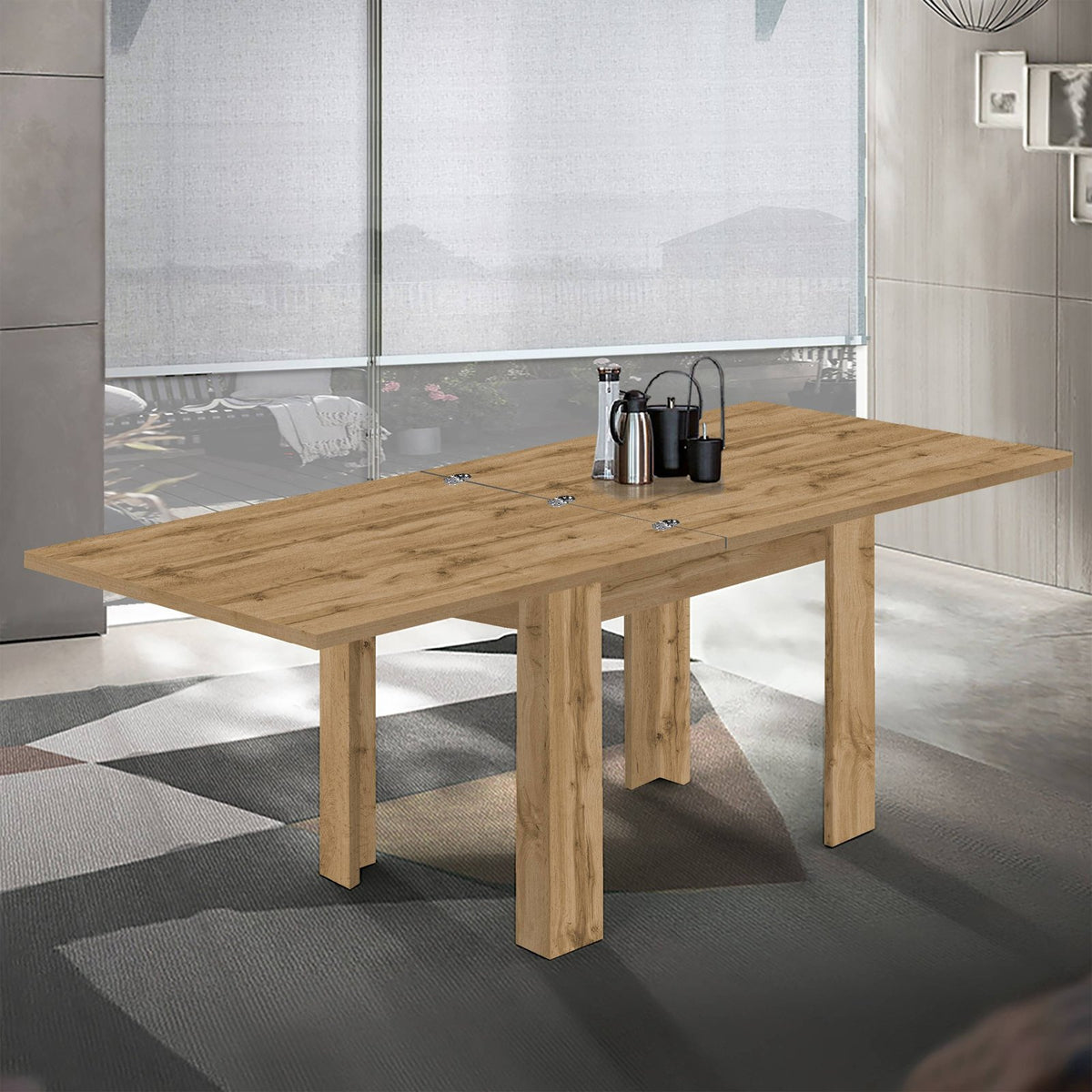Tavolo LYRA rovere allungato con prolunga centrale inserita in soggiorno luminoso #colore_Rovere