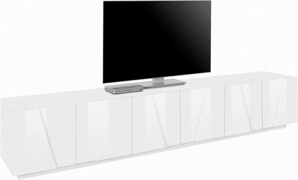 Porta TV PULSE bianco lucido su fondo neutro, sei ante chiuse con rilievo geometrico #colore_Bianco Lucido