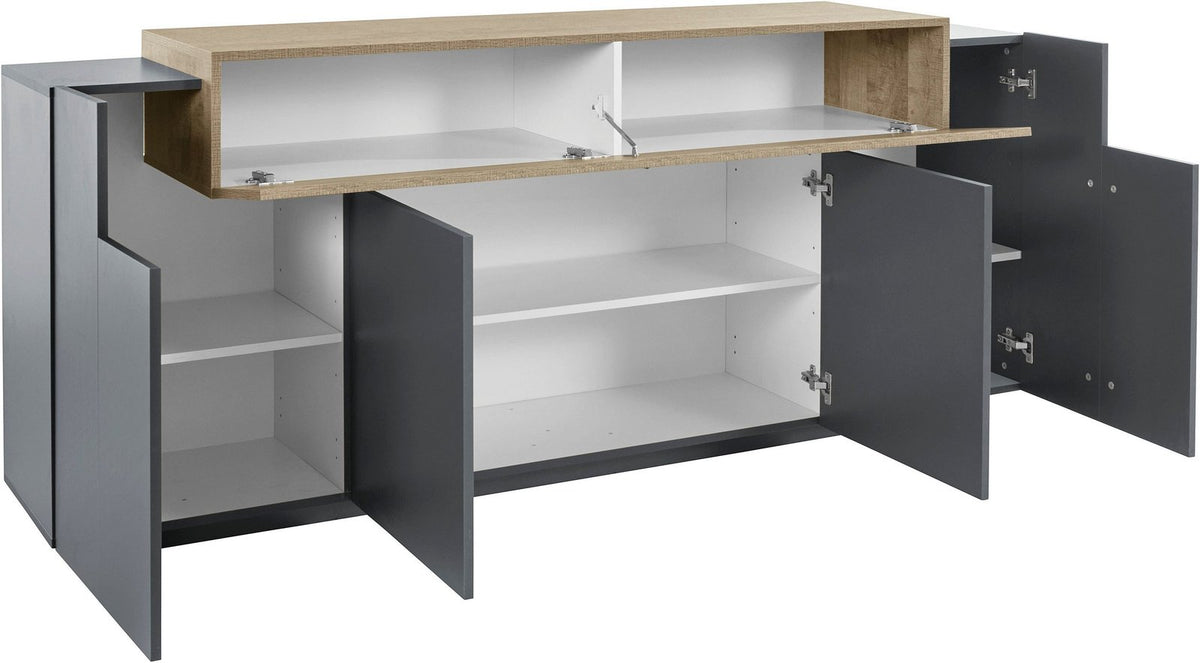 Credenza CELESTIA antracite opaco con ante e ribalta aperte, vista dell'interno con ripiani bianchi #colore_Antracite Opaco