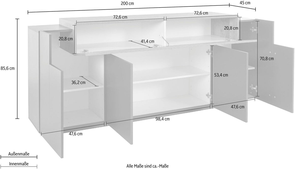 Misure della credenza CELESTIA: 200 cm di altezza, 45 cm di profondità e vani interni quotati #colore_Antracite Opaco