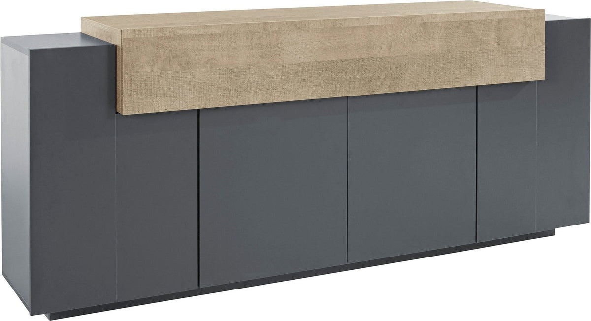 Credenza CELESTIA antracite opaco su fondo bianco, vista tre quarti con quattro ante chiuse #colore_Antracite Opaco