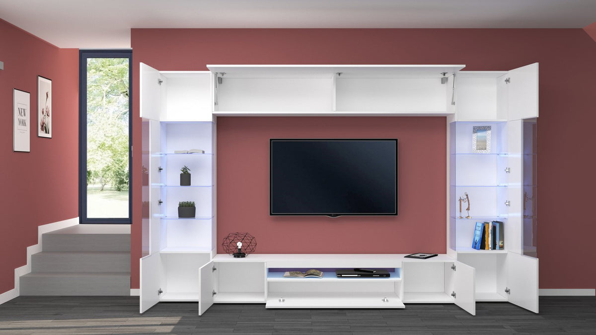 Parete attrezzata QUANTUM bianco lucido con ante e ribalta aperte in stanza bordeaux #colore_Bianco Lucido