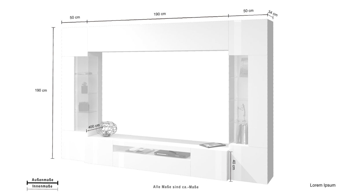 Disegno quotato della parete attrezzata QUANTUM bianco: larghezza 290 cm, altezza 190 cm #colore_Bianco Lucido