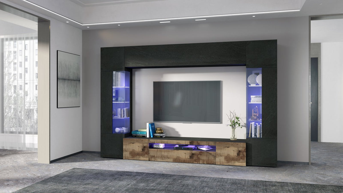 Render frontale della parete attrezzata QUANTUM effetto rovere con base a tre ante e vetrine #colore_Effetto Legno/Acero Pereira