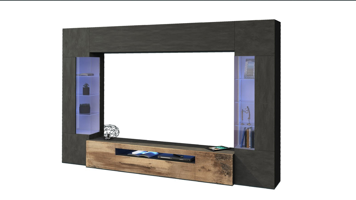 Parete attrezzata QUANTUM effetto legno su fondo bianco con vano TV centrale vuoto #colore_Effetto Legno/Acero Pereira