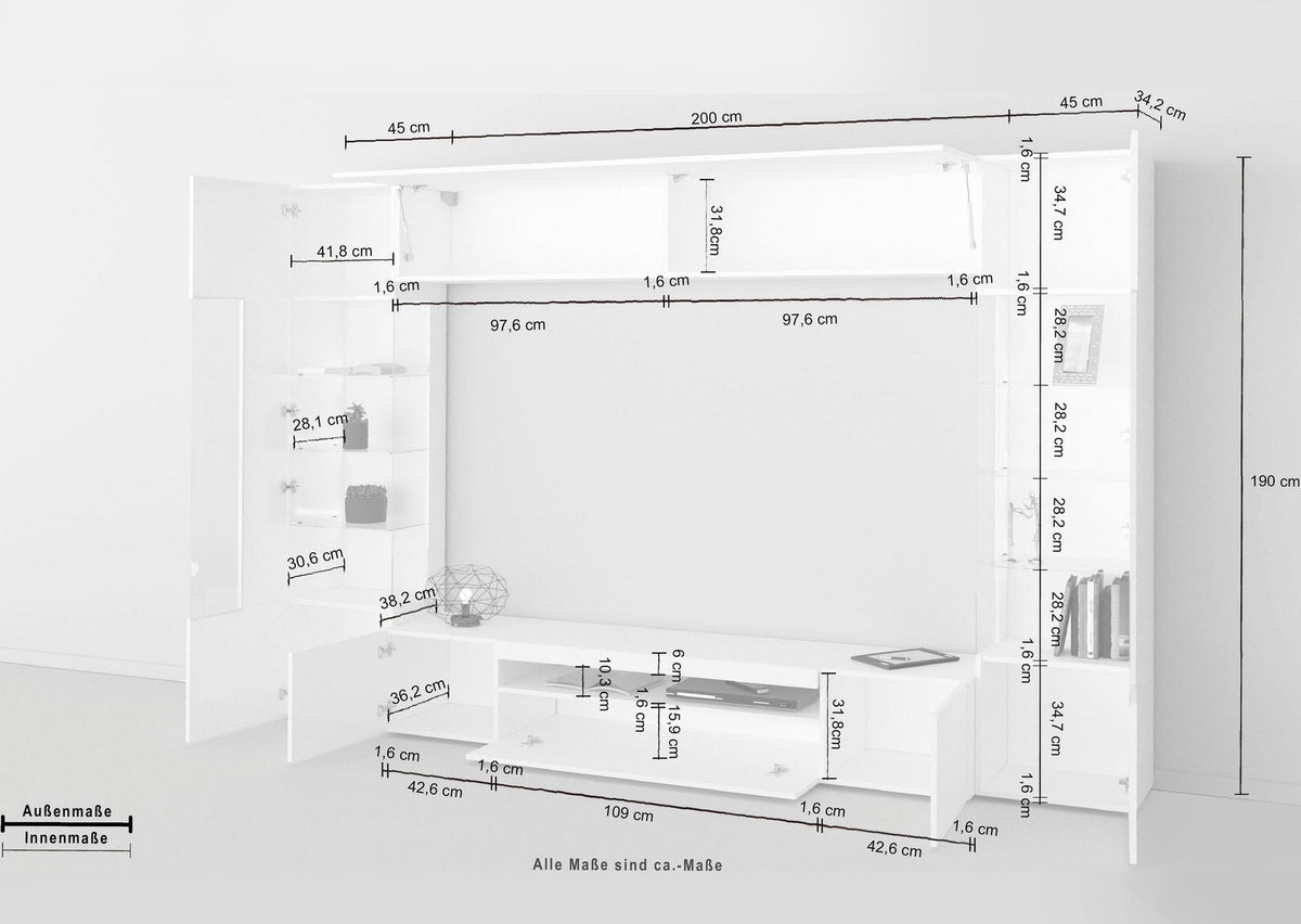 Disegno tecnico della parete attrezzata QUANTUM tortora con quote: 200 cm centrale, 34,2 cm di profondità #colore_Tortora