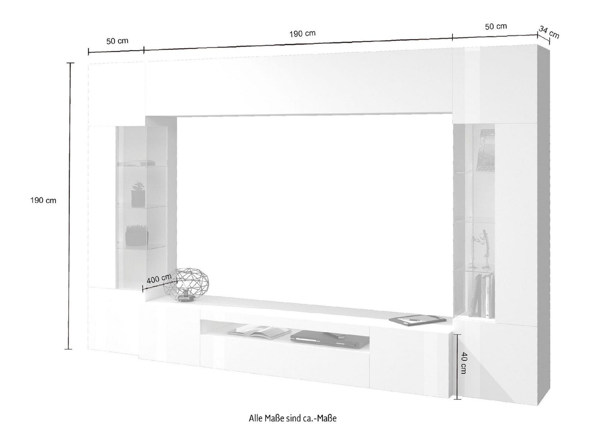 Disegno quotato della parete attrezzata QUANTUM tortora: larghezza 400 cm, altezza 190 cm #colore_Tortora
