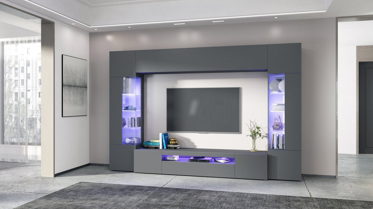 Parete attrezzata QUANTUM antracite opaco frontale con vetrine illuminate e libri #colore_Antracite Opaco