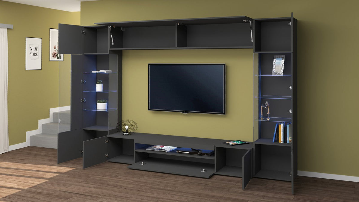 Render della parete attrezzata QUANTUM antracite opaco di tre quarti con ante aperte #colore_Antracite Opaco