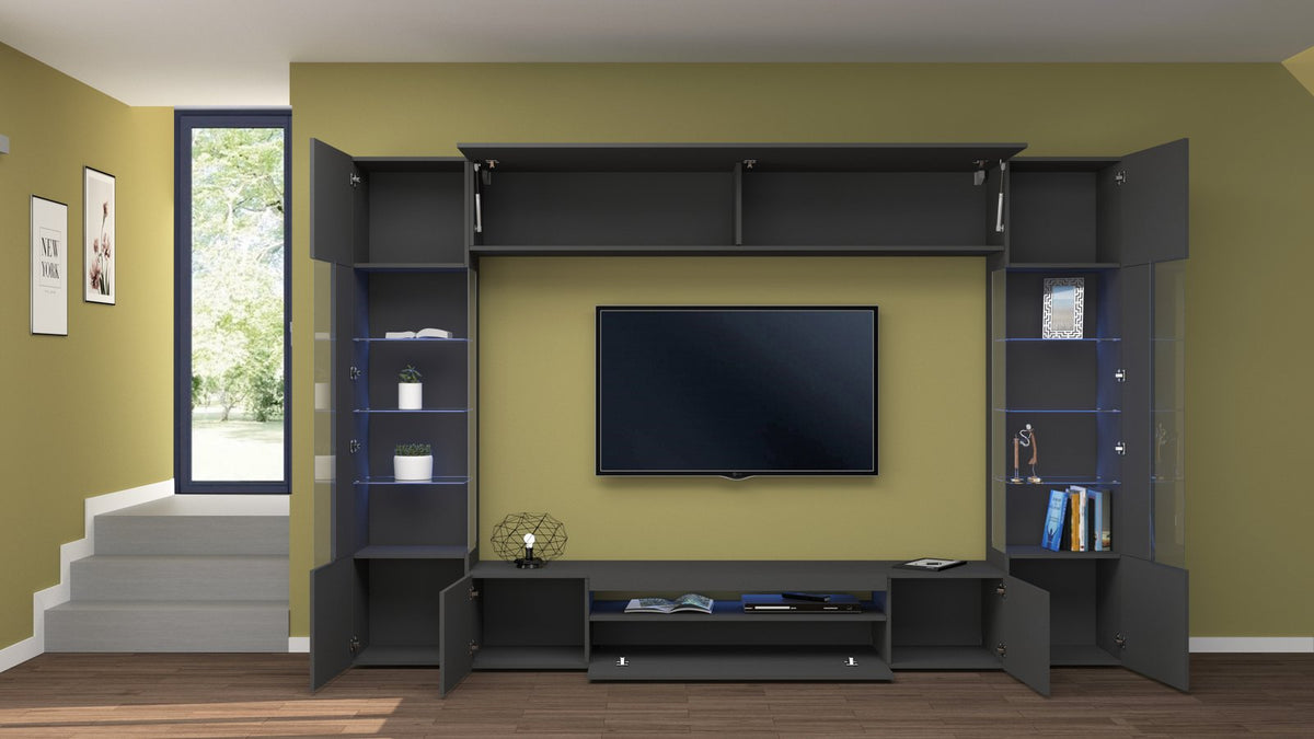 Render frontale della parete attrezzata QUANTUM antracite con ribalta superiore e vetrine #colore_Antracite Opaco