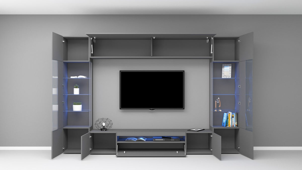 Render frontale della parete attrezzata QUANTUM antracite con ribalta sollevata e TV spenta #colore_Antracite Opaco