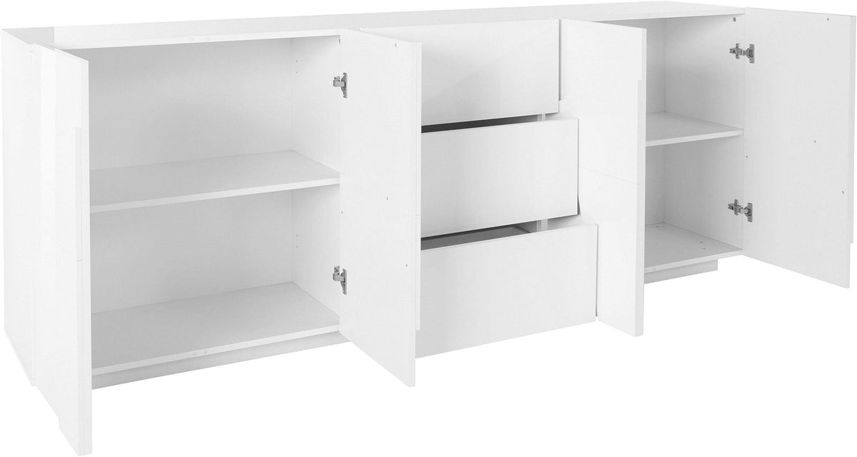 Credenza PULSE bianco lucido con ante aperte, vani con ripiano e tre cassetti centrali visibili #colore_Bianco Lucido