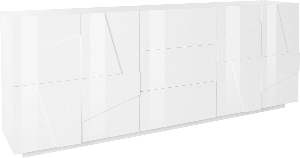 Credenza PULSE bianco lucido su fondo bianco, vista tre quarti con frontali sagomati senza maniglie #colore_Bianco Lucido
